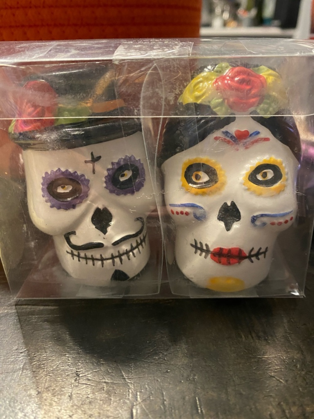 Sugar Skull Figurine Pair - White with Yellow, Purple & Red Accents M215